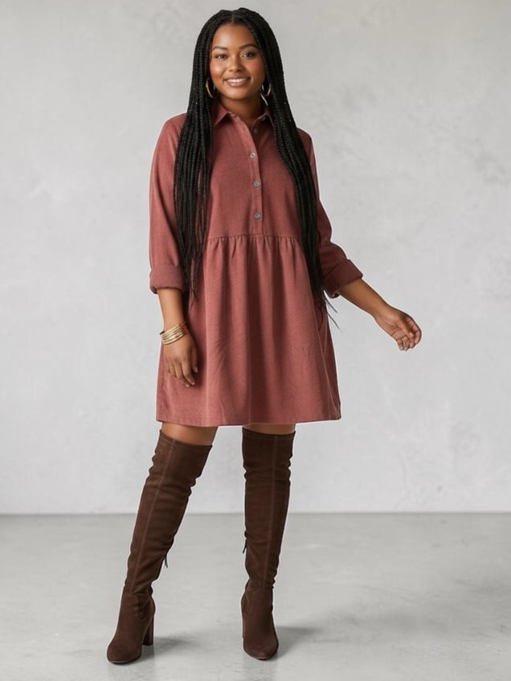 Nine West Rust Brown Button-Front Long Sleeve Shirt Dress